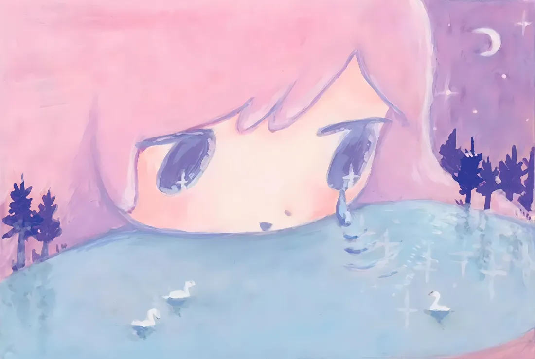4k卡通落泪女孩壁纸｜粉紫湖景夜空背景图片 - 二次元治愈插画「哲风壁纸」