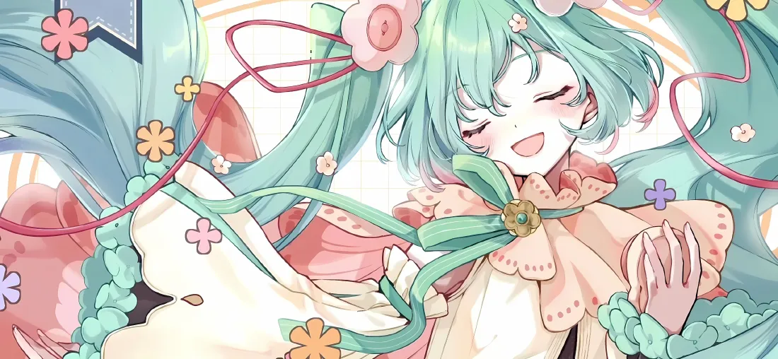 4k初音未来壁纸｜花朵点缀背景图片 - 可爱绿发微笑少女「哲风壁纸」