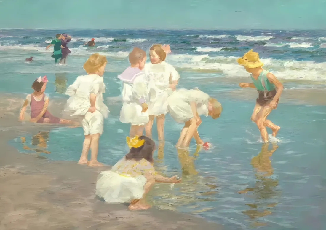 3k海边小孩壁纸｜夏日海滩背景图片 - 孩童戏水「哲风壁纸」