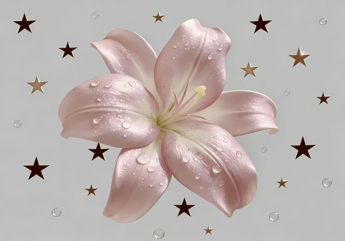 3k粉色百合花壁纸｜星星浅灰背景图片 - 带水珠花朵「哲风壁纸」