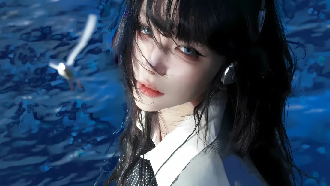 3k戴耳机美女壁纸｜蓝色海面背景图片 - 黑长直氛围感人像「哲风壁纸」