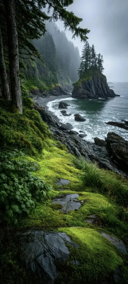 海岸森林手机壁纸｜临海礁石绿植背景图片 - 清新自然风景「哲风壁纸」