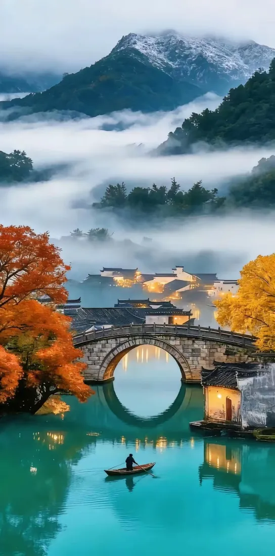 江南秋景手机壁纸｜山水古村晨雾背景图片 - 治愈国风「哲风壁纸」