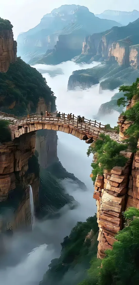 峡谷石桥手机壁纸｜云海山峦背景图片 - 自然景观「哲风壁纸」