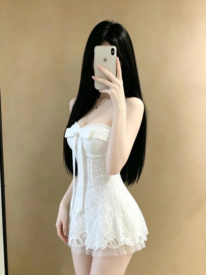 长发美女手机壁纸｜白色抹胸裙背景图片 - 对镜自拍「哲风壁纸」