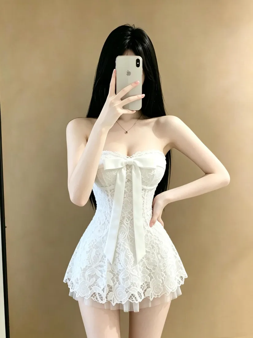 白衣美女手机壁纸｜对镜自拍背景图片 - 蕾丝抹胸裙穿搭「哲风壁纸」