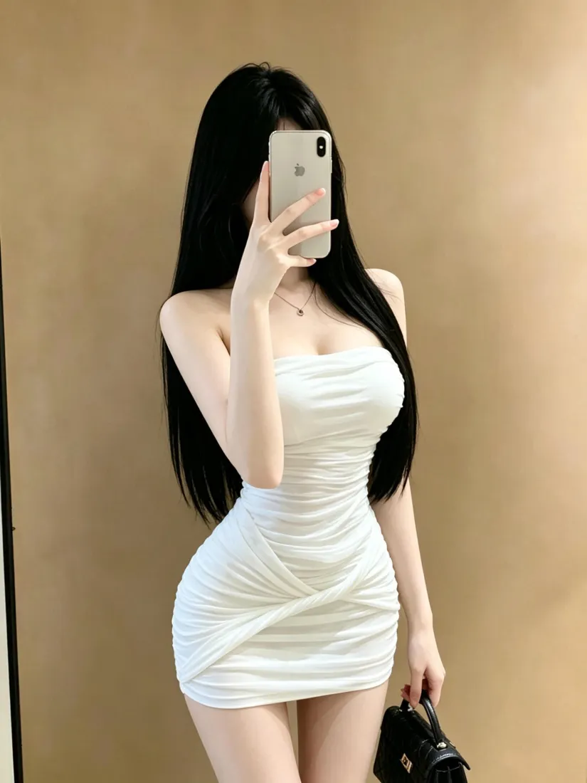 时尚美女手机壁纸｜暖调背景图片 - 白色抹胸裙穿搭「哲风壁纸」