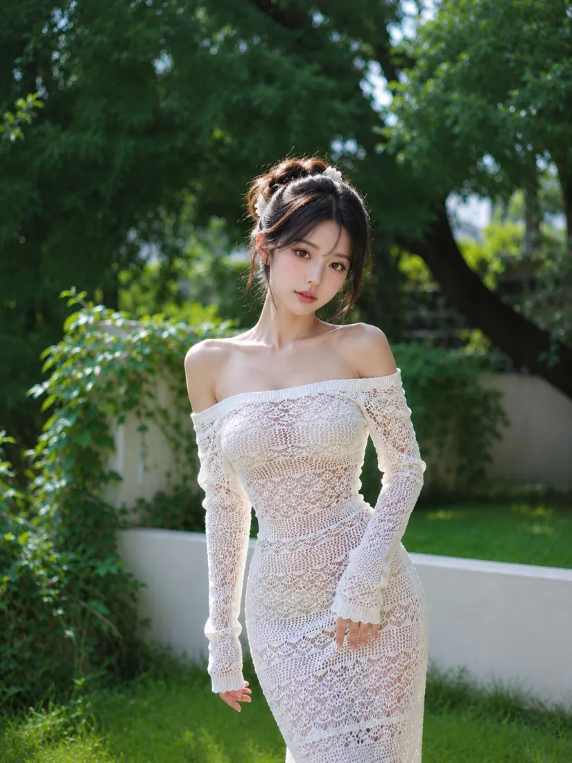 气质白裙美女手机壁纸｜户外庭院绿植背景图片 - 清新人像写真「哲风壁纸」