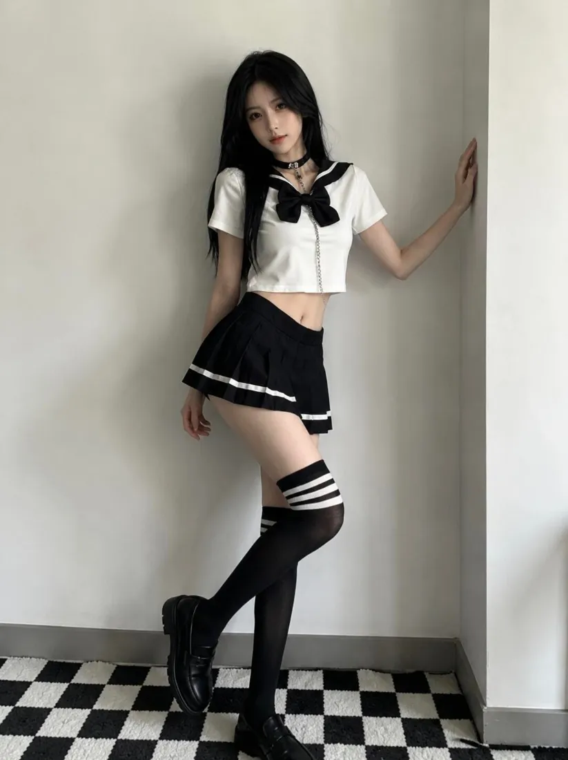 长发辣妹水手服穿搭手机壁纸｜白墙棋盘格背景图片 - 氛围感写真「哲风壁纸」