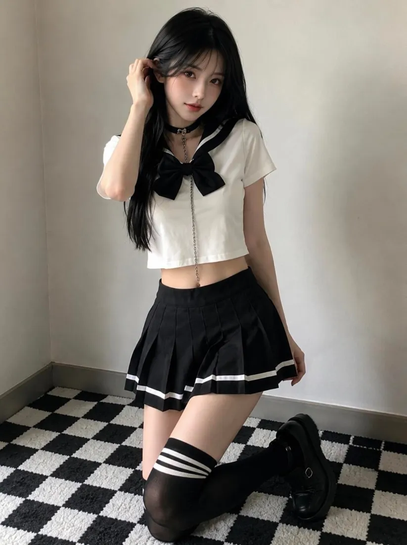 水手服少女手机壁纸｜室内棋盘格背景图片 - 甜美时尚穿搭「哲风壁纸」