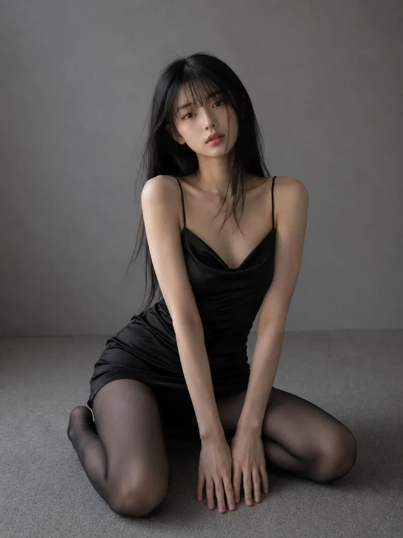 冷艳黑裙美女手机壁纸｜灰色简约背景图片 - 高级感人像写真「哲风壁纸」