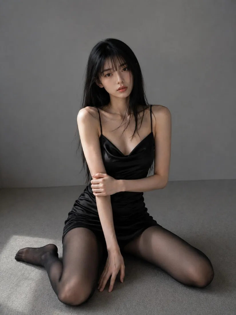 黑长直美女手机壁纸｜灰色简约背景图片 - 气质时尚写真「哲风壁纸」