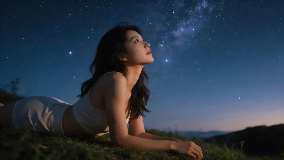 4k星空少女壁纸｜草地夜景背景图片 - 氛围感治愈户外写真「哲风壁纸」