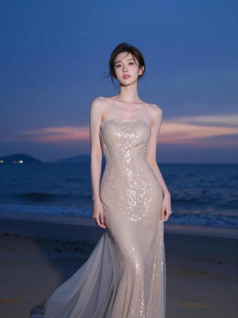 抹胸礼服美女手机壁纸｜海边日落背景图片 - 氛围感写真「哲风壁纸」