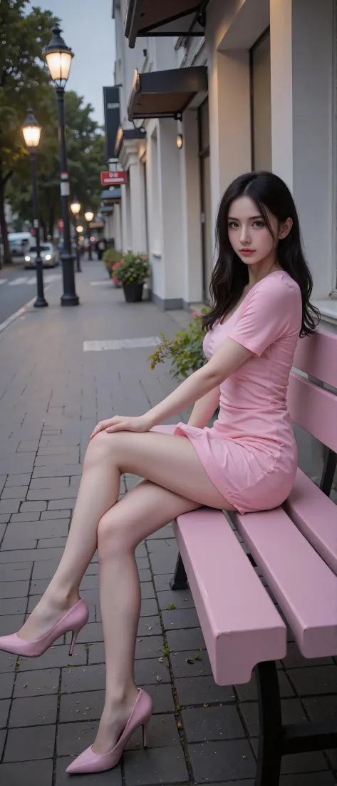 粉色连衣裙美女手机壁纸｜城市街景背景图片 - 时尚写真「哲风壁纸」