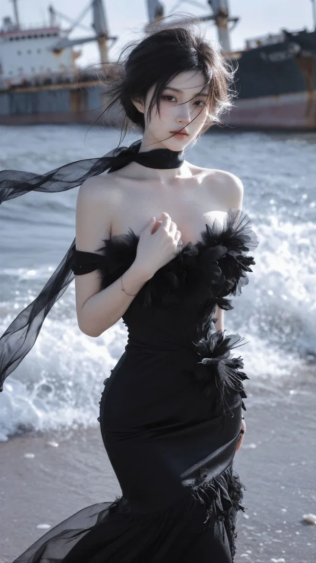 清冷气质美女手机壁纸｜海边港口背景图片 - 黑色羽毛长裙「哲风壁纸」