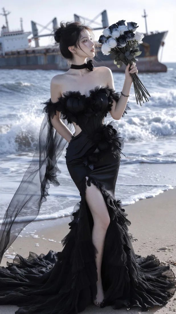 黑裙美女手机壁纸｜海边沙滩背景图片 - 时尚氛围感写真「哲风壁纸」