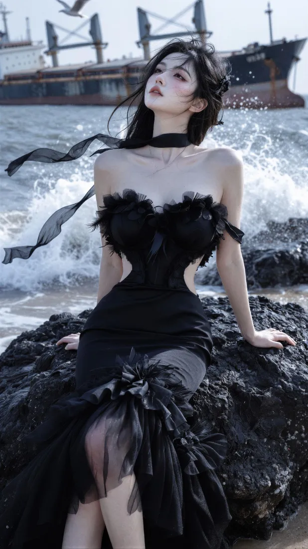 黑裙美女手机壁纸｜海边礁石背景图片 - 清冷氛围感人像写真「哲风壁纸」