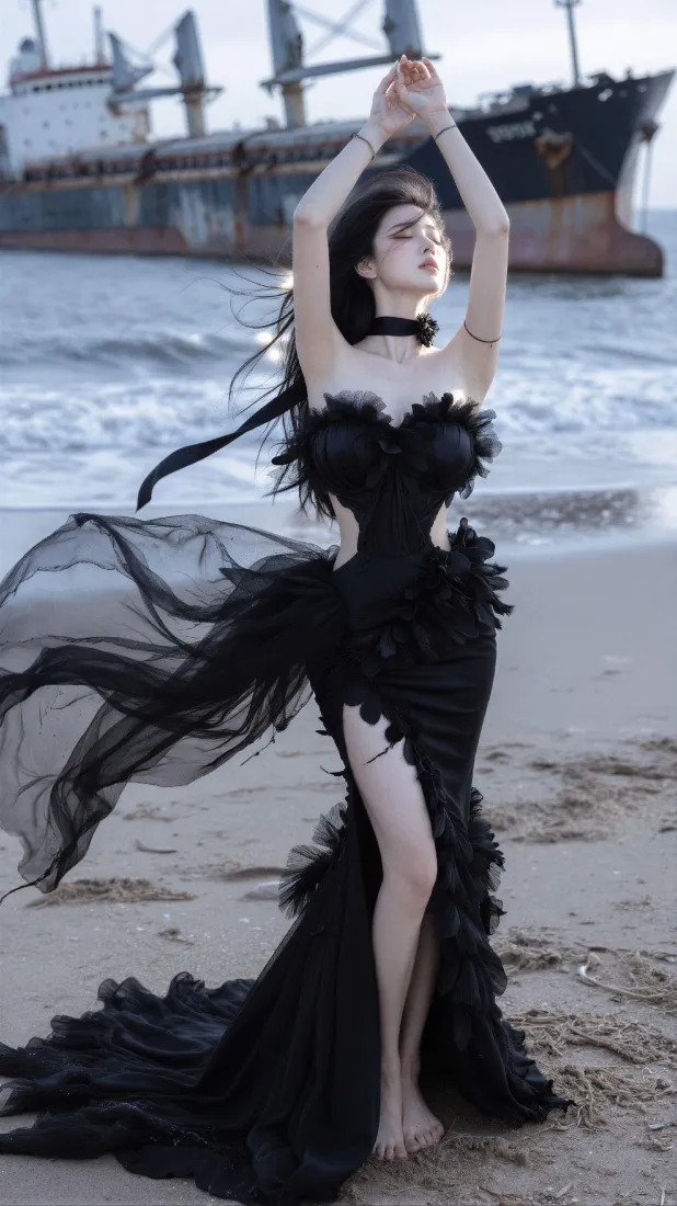 海边黑裙美女手机壁纸｜沙滩沉船背景图片 - 氛围感写真「哲风壁纸」