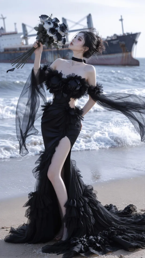 黑色抹胸礼裙美女手机壁纸｜海边沙滩轮船背景图片 - 氛围感写真「哲风壁纸」