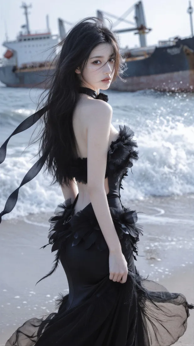黑裙美女手机壁纸｜海边沙滩海浪背景图片 - 氛围感人像写真「哲风壁纸」