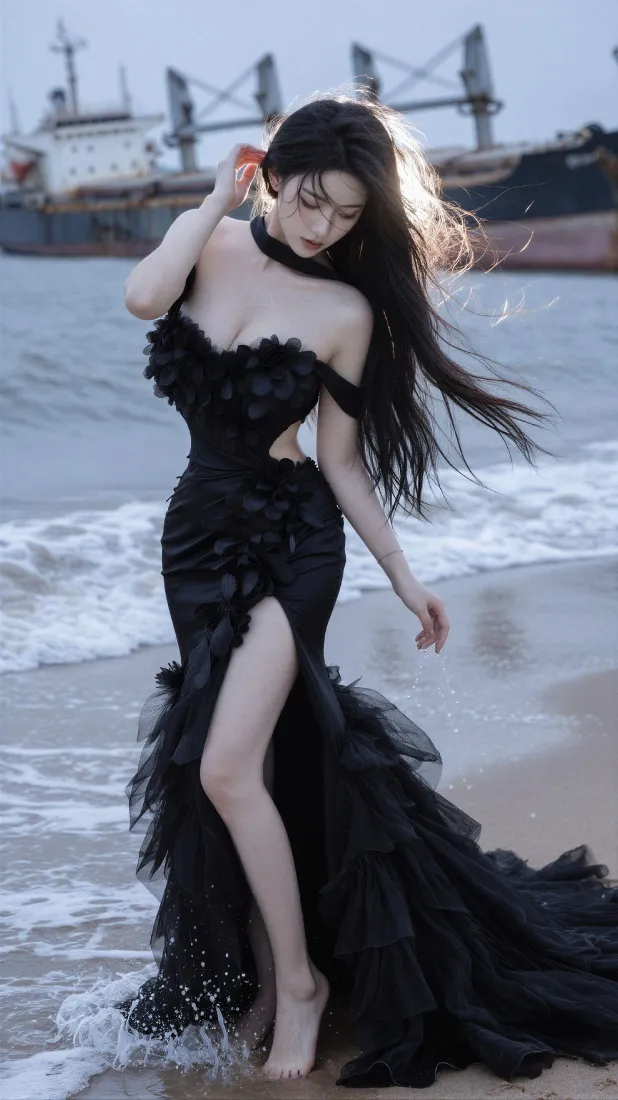 黑色长裙美女手机壁纸｜海边沙滩背景图片 - 氛围感人像「哲风壁纸」