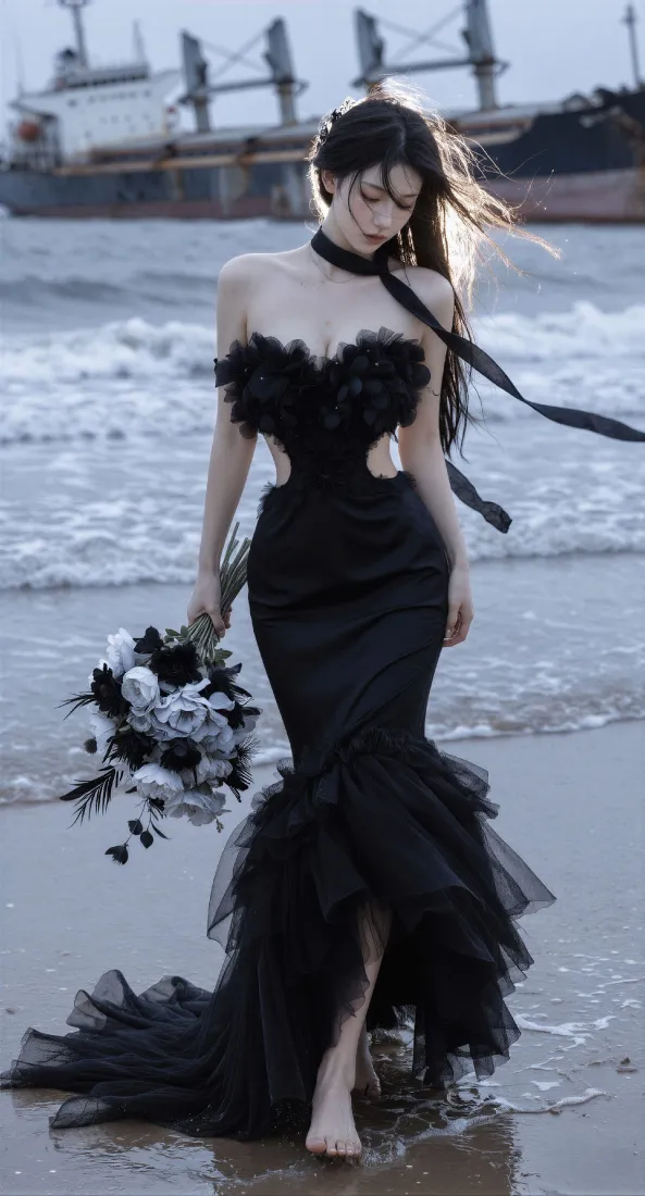 海边黑裙美女手机壁纸｜轮船沙滩背景图片 - 氛围感写真「哲风壁纸」