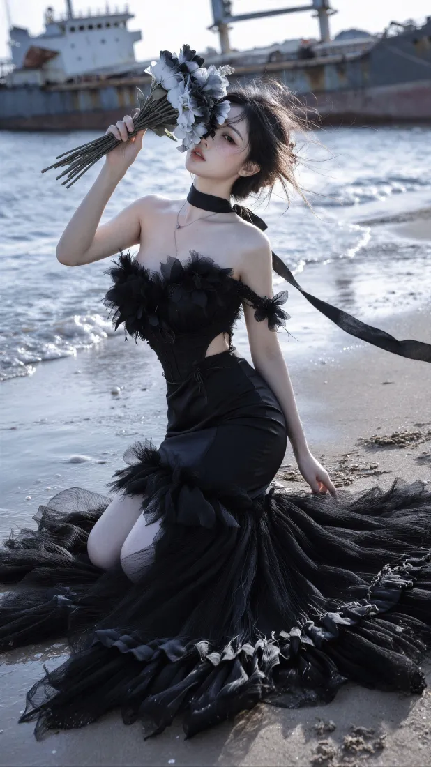 黑裙美女手机壁纸｜海边沙滩背景图片 - 氛围感写真「哲风壁纸」