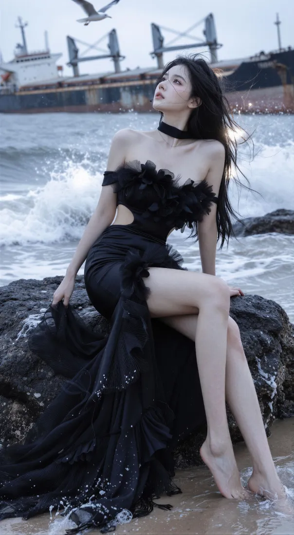 海边美女手机壁纸｜黑色礼裙礁石背景图片 - 海浪轮船氛围感「哲风壁纸」