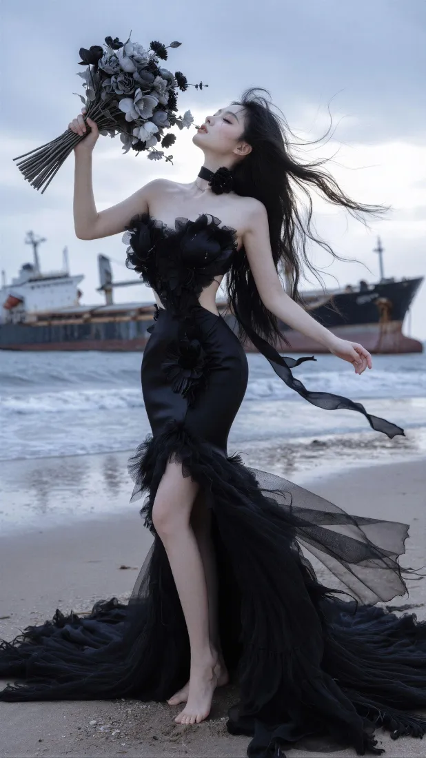 黑裙长发美女手机壁纸｜海边沙滩背景图片 - 高级氛围感写真「哲风壁纸」