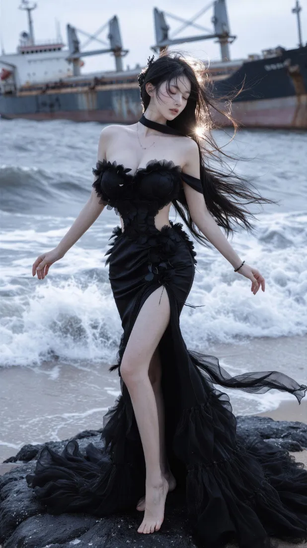 黑裙美女手机壁纸｜海边礁石背景图片 - 氛围感时尚写真「哲风壁纸」