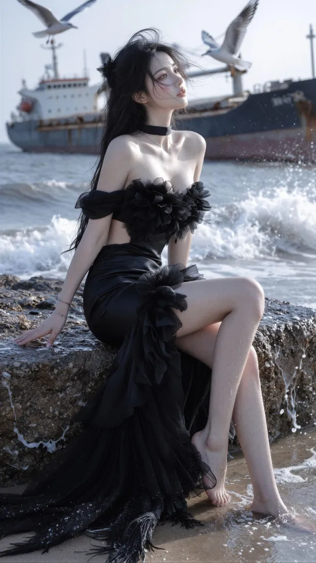 海边黑裙少女手机壁纸｜海岸礁石背景图片 - 氛围感写真「哲风壁纸」