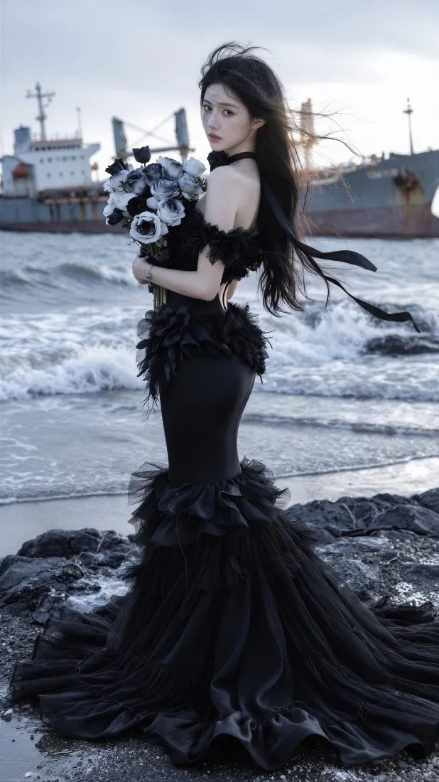 黑裙美女手机壁纸｜海边礁石背景图片 - 氛围感人像写真「哲风壁纸」