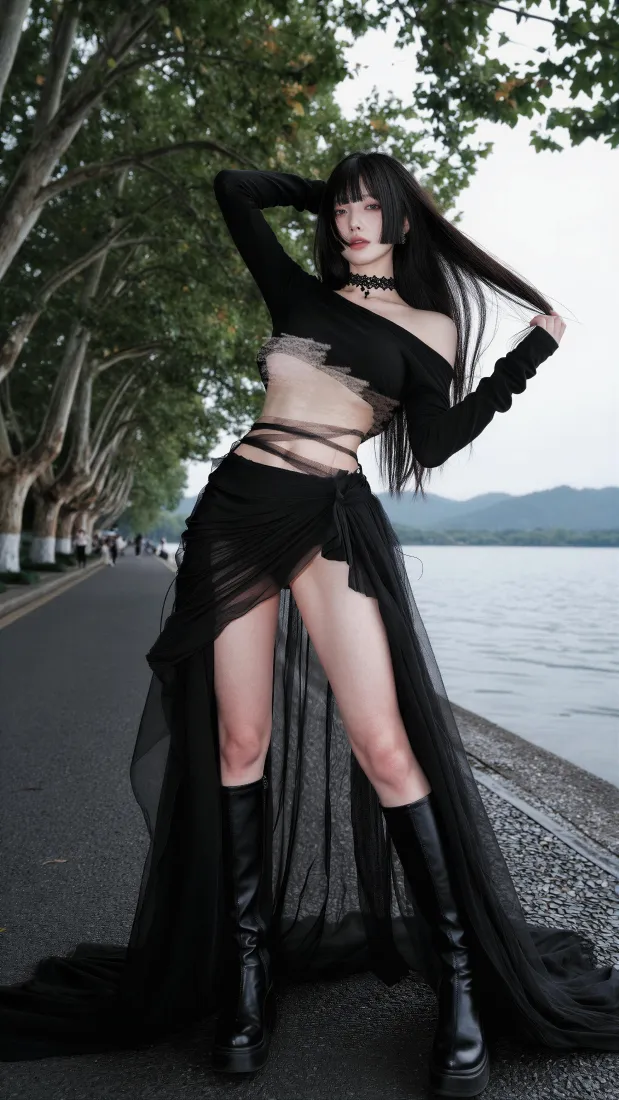 冷艳黑发美女手机壁纸｜湖边林荫道背景图片 - 酷飒黑色穿搭「哲风壁纸」