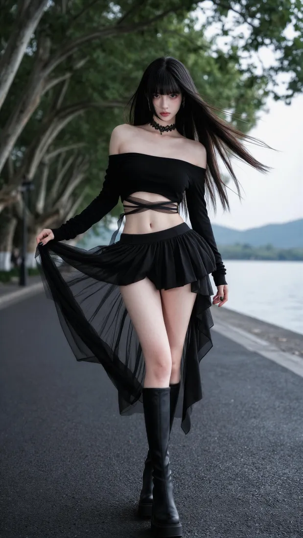 暗黑系美女手机壁纸｜湖边林荫背景图片 - 酷飒时尚人像「哲风壁纸」