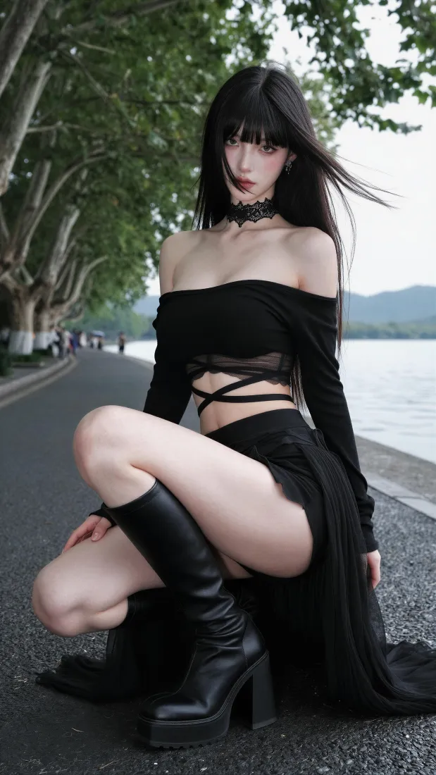 暗黑系美女手机壁纸｜湖边林荫道背景图片 - 酷飒黑色穿搭「哲风壁纸」