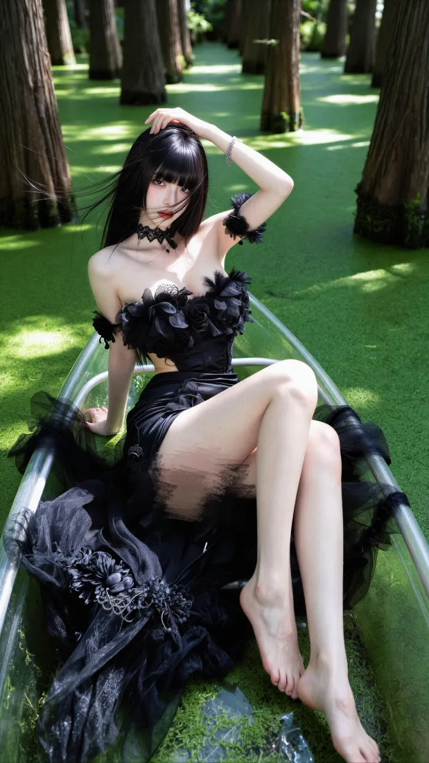 黑裙美女手机壁纸｜水上森林背景图片 - 森系氛围感写真「哲风壁纸」