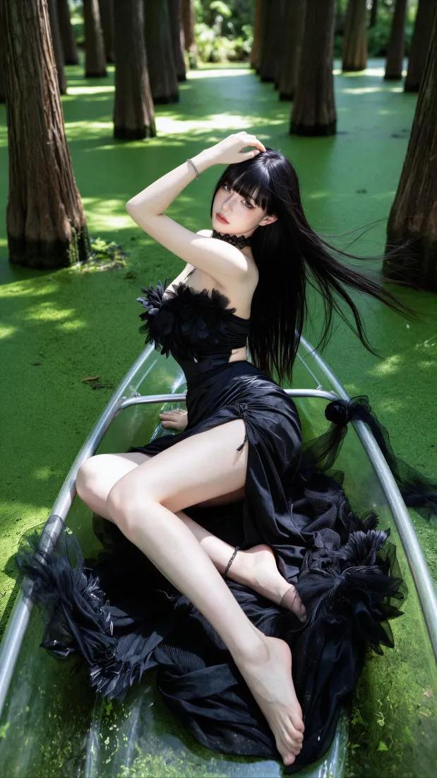 黑裙美女手机壁纸｜水杉林湖面背景图片 - 氛围感写真「哲风壁纸」