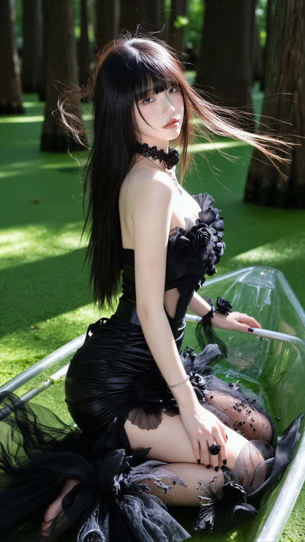 黑裙少女手机壁纸｜林间草地背景图片 - 氛围感人像「哲风壁纸」