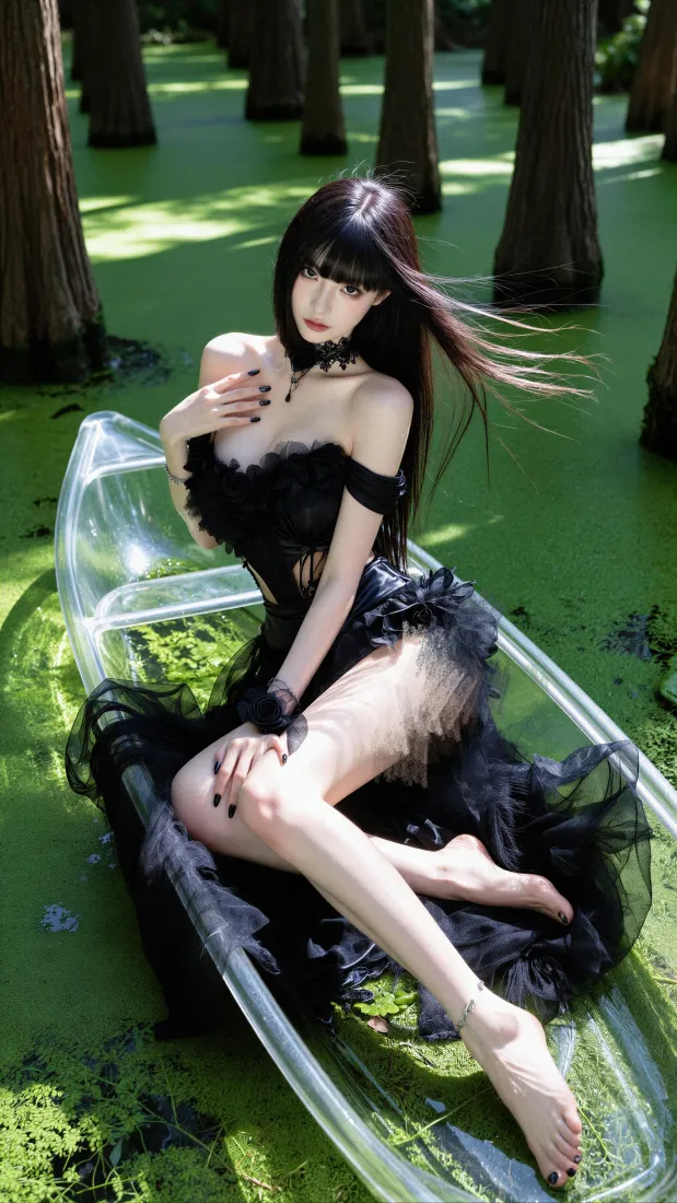 黑裙美女手机壁纸｜水杉林透明船背景图片 - 森系氛围感「哲风壁纸」