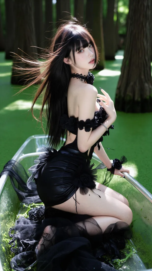 黑裙长发美女手机壁纸｜森林小船背景图片 - 户外氛围感写真「哲风壁纸」
