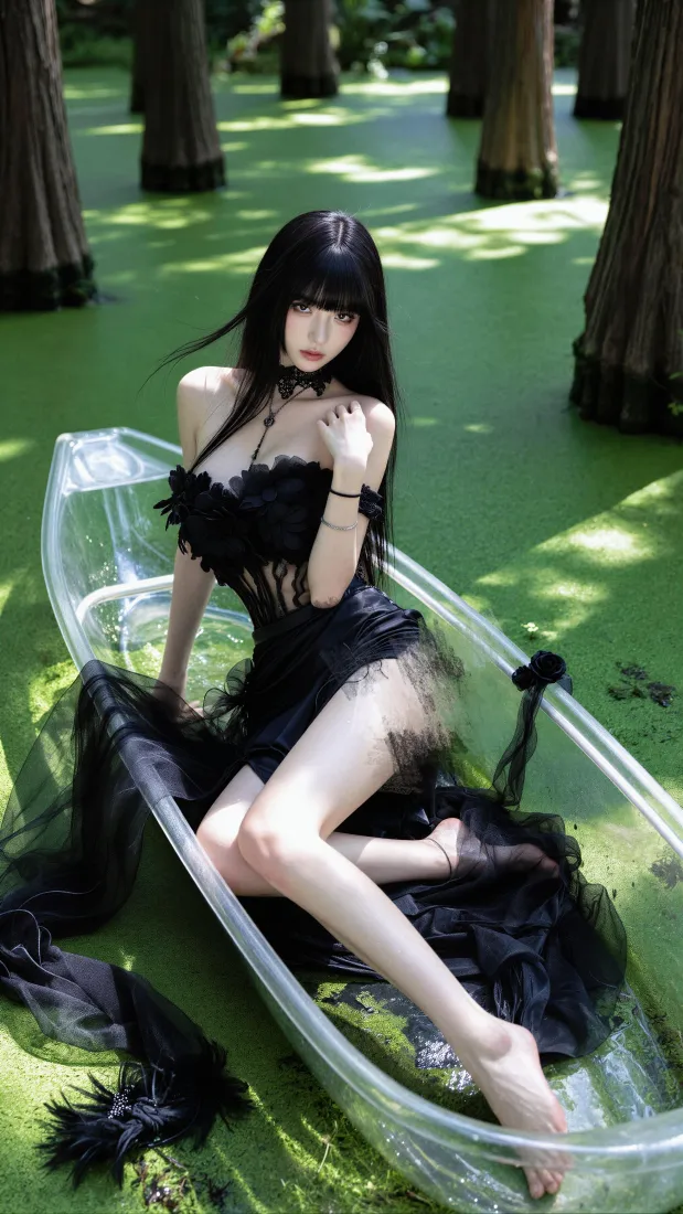 黑长直美女手机壁纸｜林间绿水背景图片 - 小船氛围感写真「哲风壁纸」