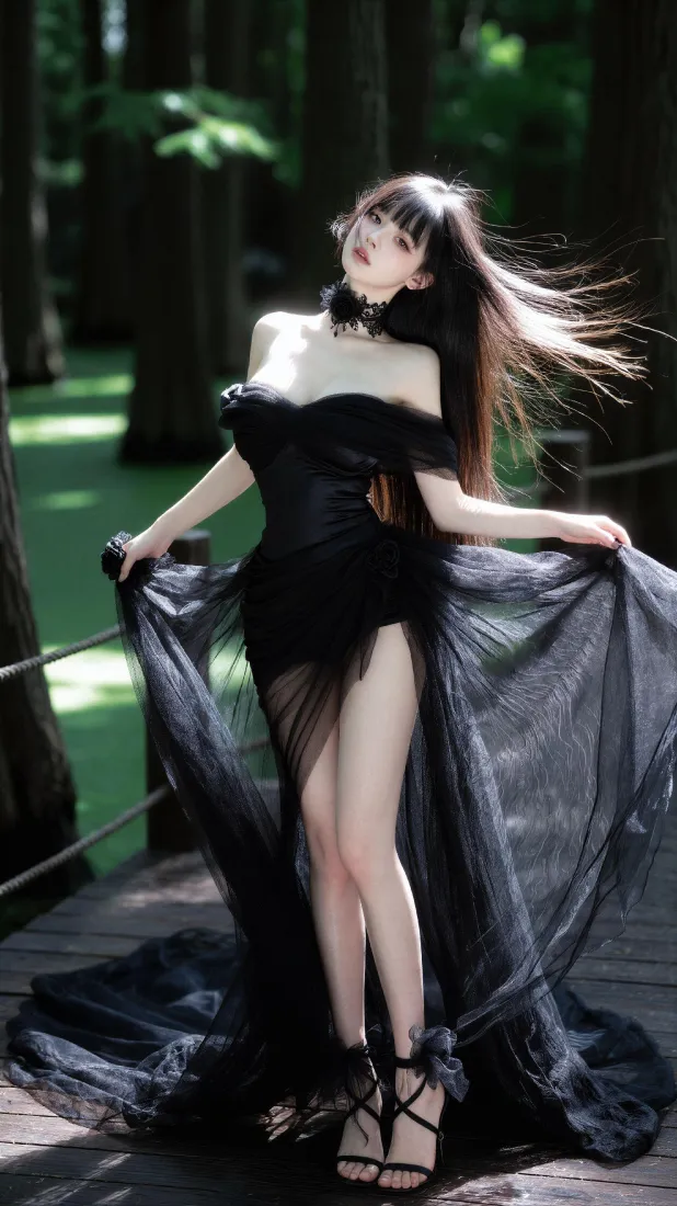 黑裙美女手机壁纸｜森林栈道背景图片 - 清冷人像「哲风壁纸」