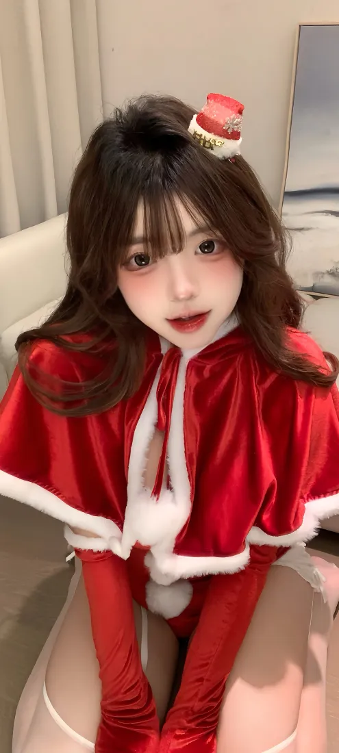 圣诞美女手机壁纸｜红色斗篷居家背景图片 - 甜美氛围感少女「哲风壁纸」