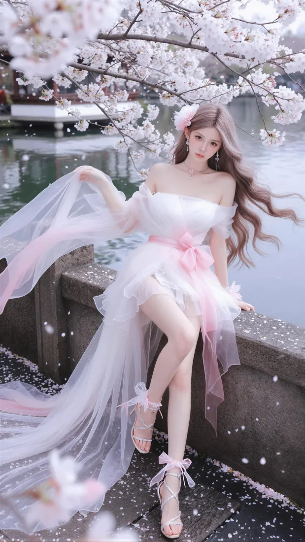 二次元少女手机壁纸｜樱花湖边背景图片 - 白裙氛围感「哲风壁纸」