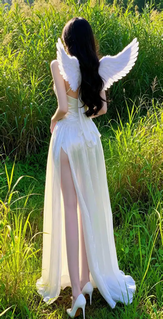 天使少女手机壁纸｜青草地背景图片 - 白色开叉长裙写真「哲风壁纸」