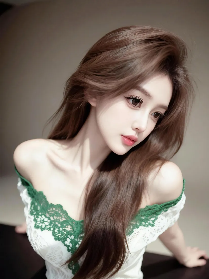棕发美女手机壁纸｜露肩蕾丝上衣背景图片 - 时尚氛围感写真「哲风壁纸」