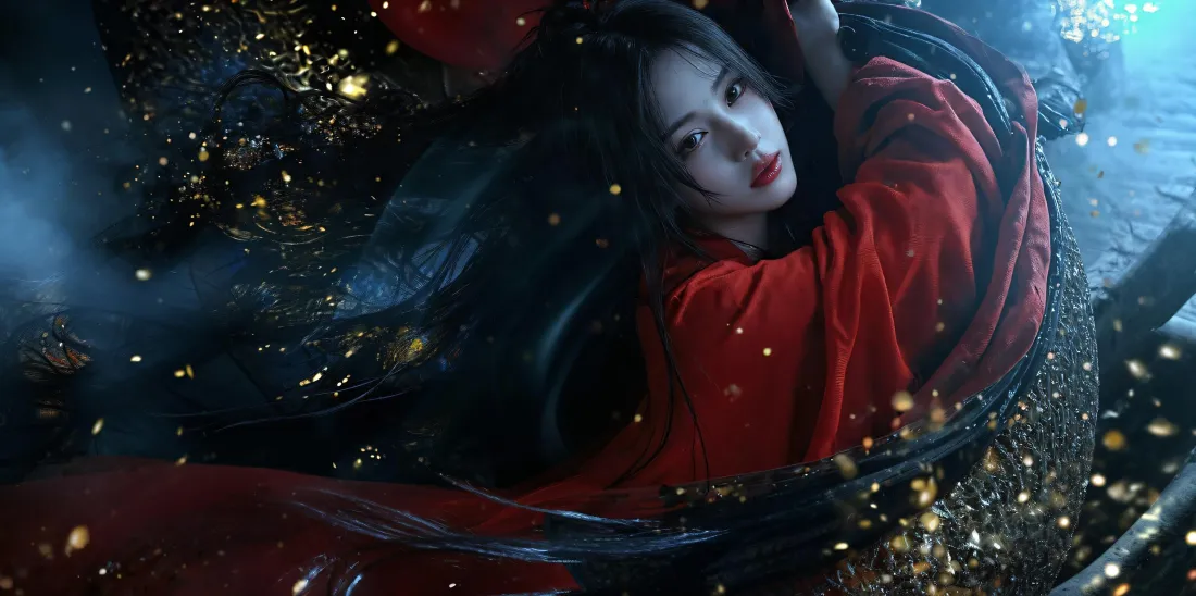 3k红衣美女壁纸｜暗调光斑背景图片 - 氛围感人像「哲风壁纸」