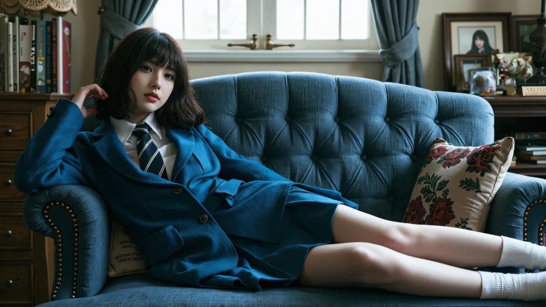 3k制服少女壁纸｜蓝色沙发室内背景图片 - 清冷氛围感「哲风壁纸」