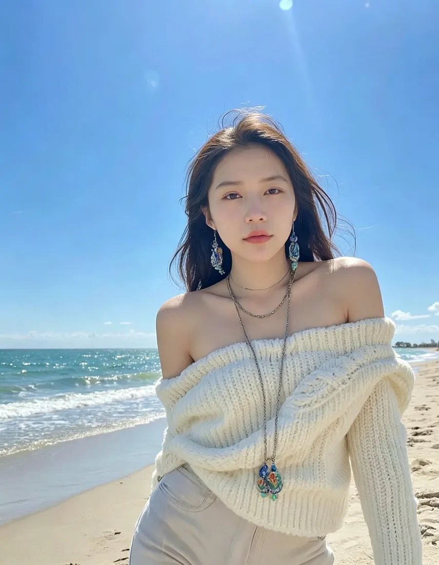 海边少女手机壁纸｜蓝天白云沙滩背景图片 - 清新治愈氛围感「哲风壁纸」